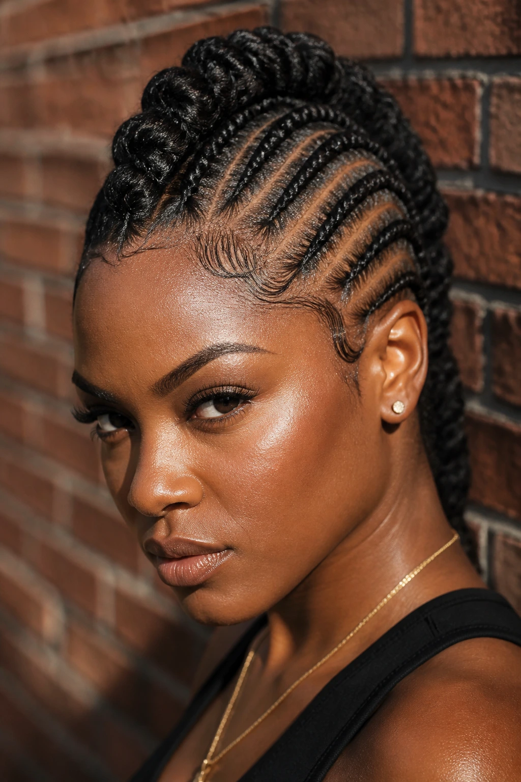 Close-up of a real woman with mohawk cornrows