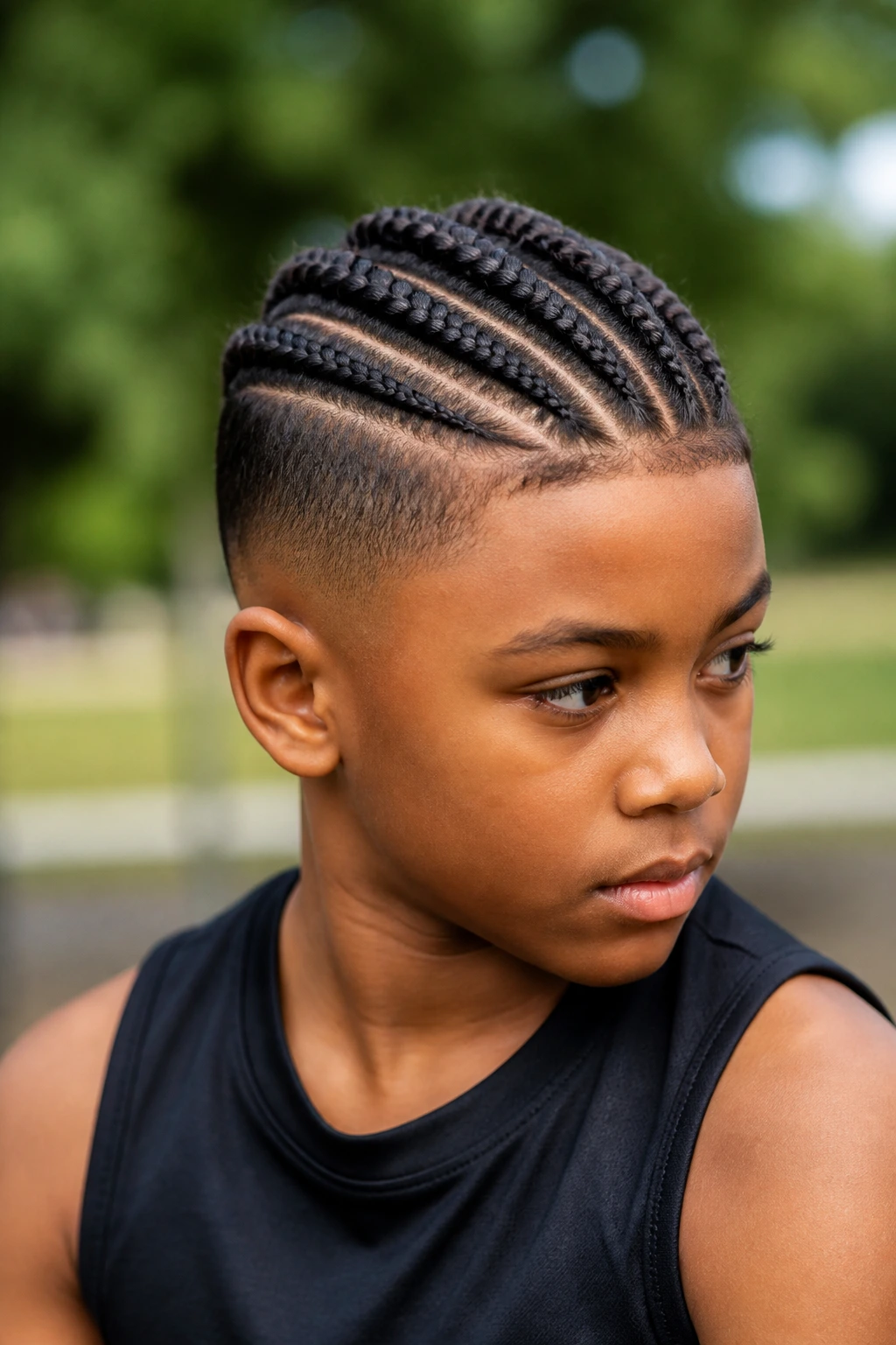Close-up of a real boy's head with a central mohawk of cornrows and tapered sides