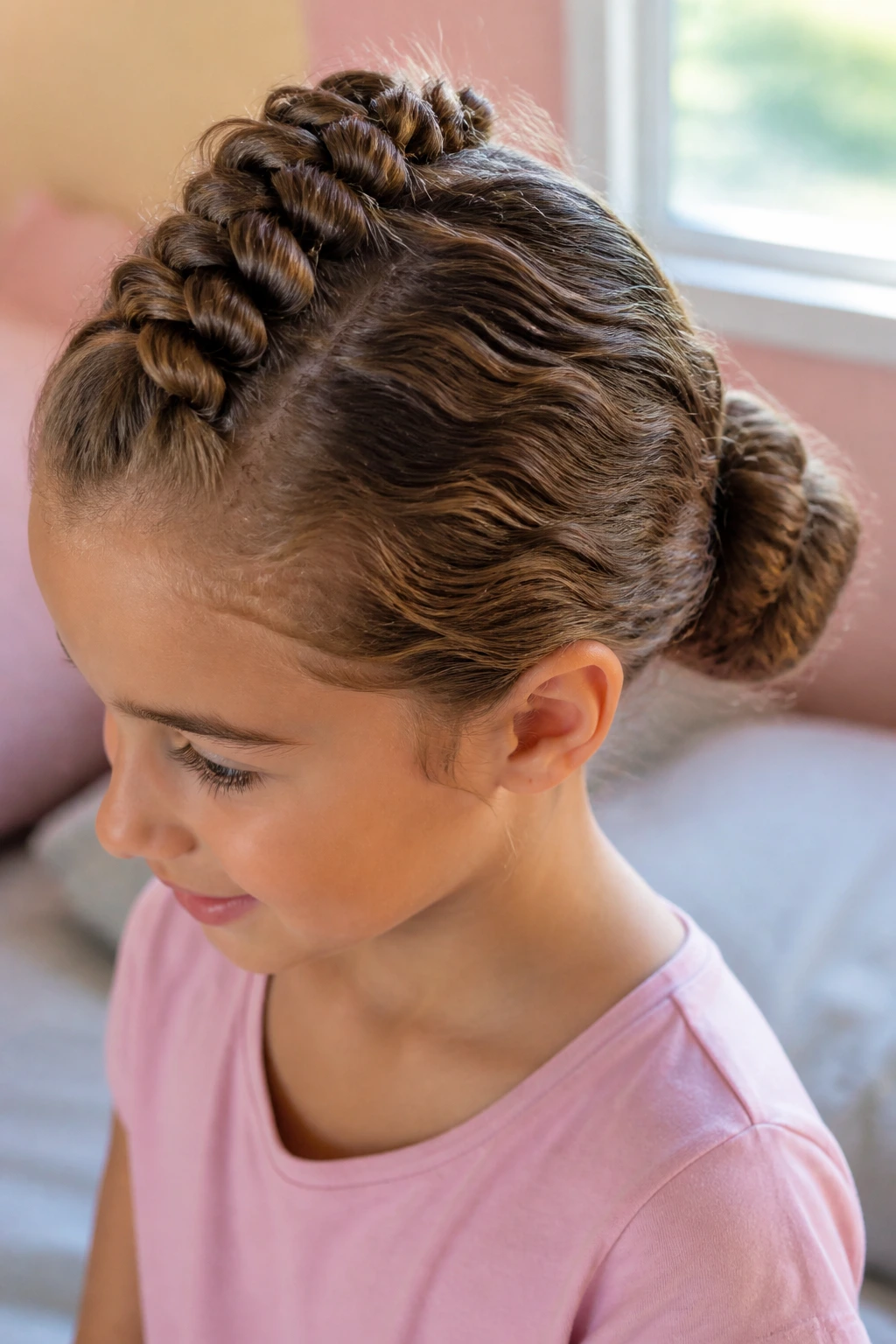 Close-up of a real child with a centered Mohawk Dutch braid ending in a compact bun in a sunlit bedroom