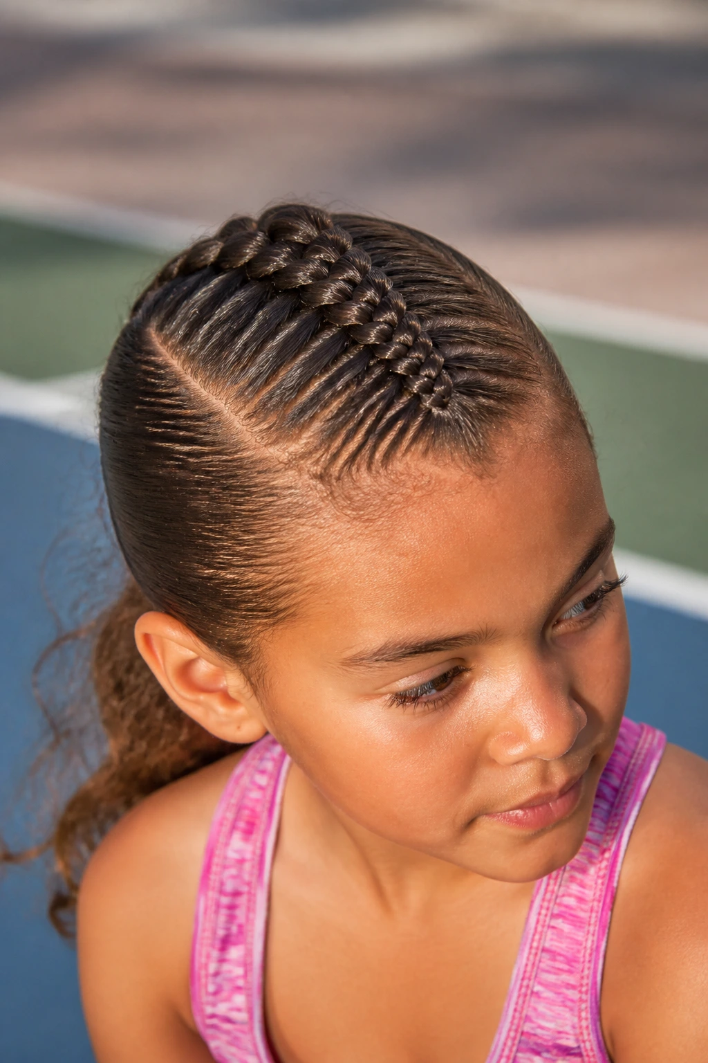 Close-up of a real child with a center Mohawk Dutch braid and slicked-back sides
