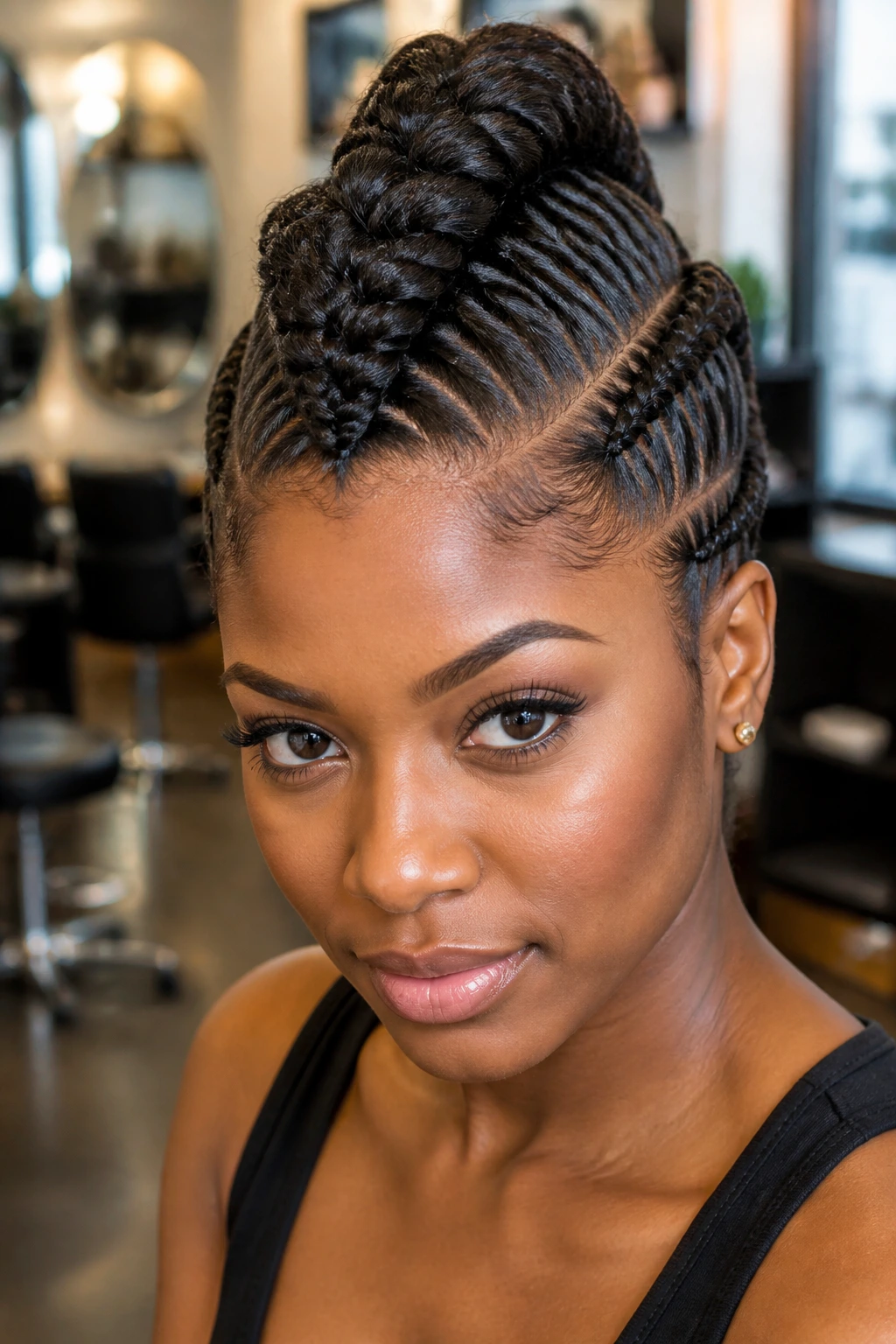 Close-up of a real person with a Mohawk Dutch braid and tucked sides in a sunlit hair salon.