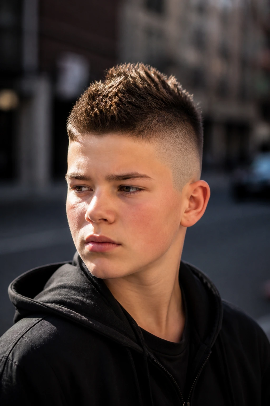 Close-up portrait of a teen with mohawk fade and short top