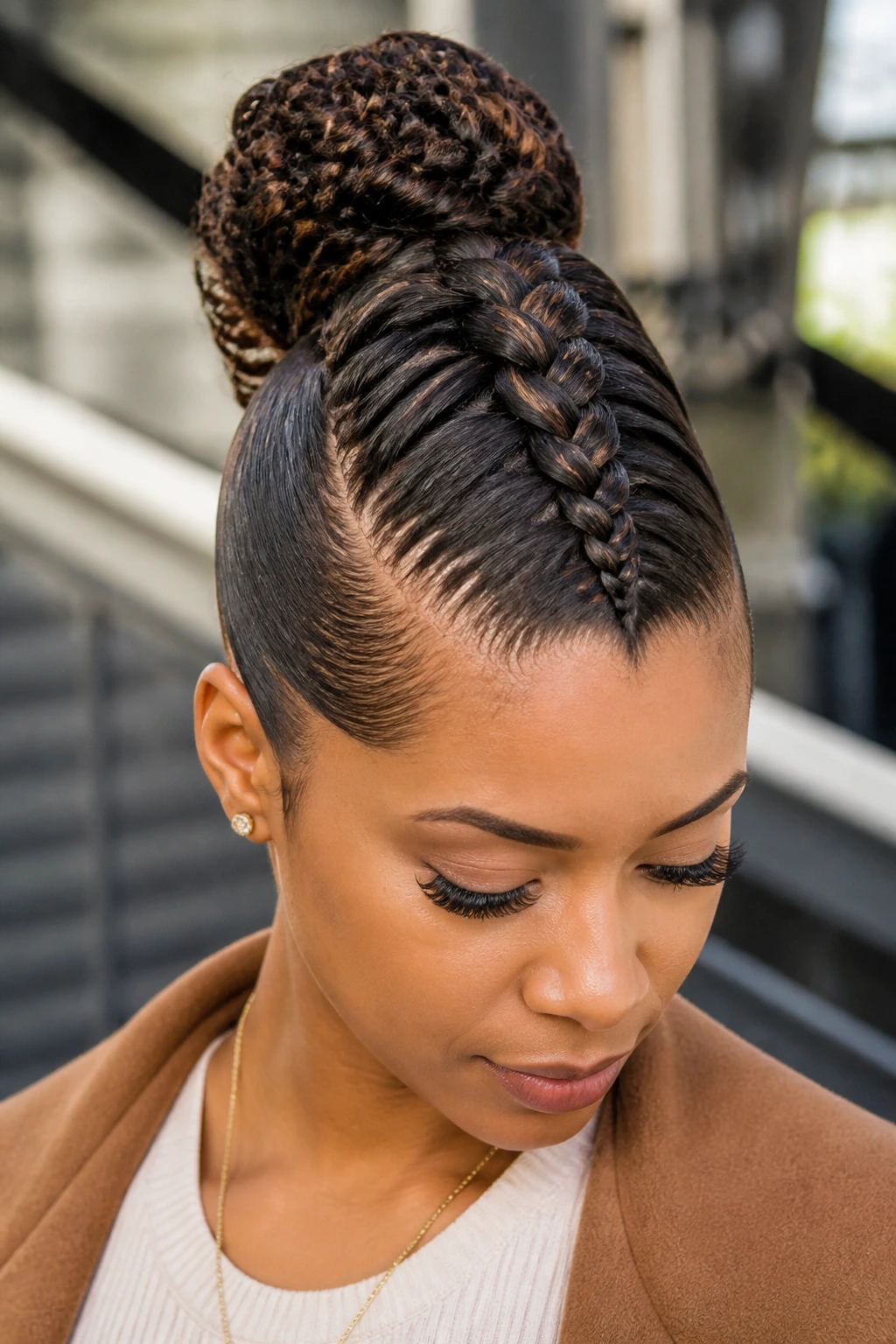 Real woman with center mohawk French braid and top bun.