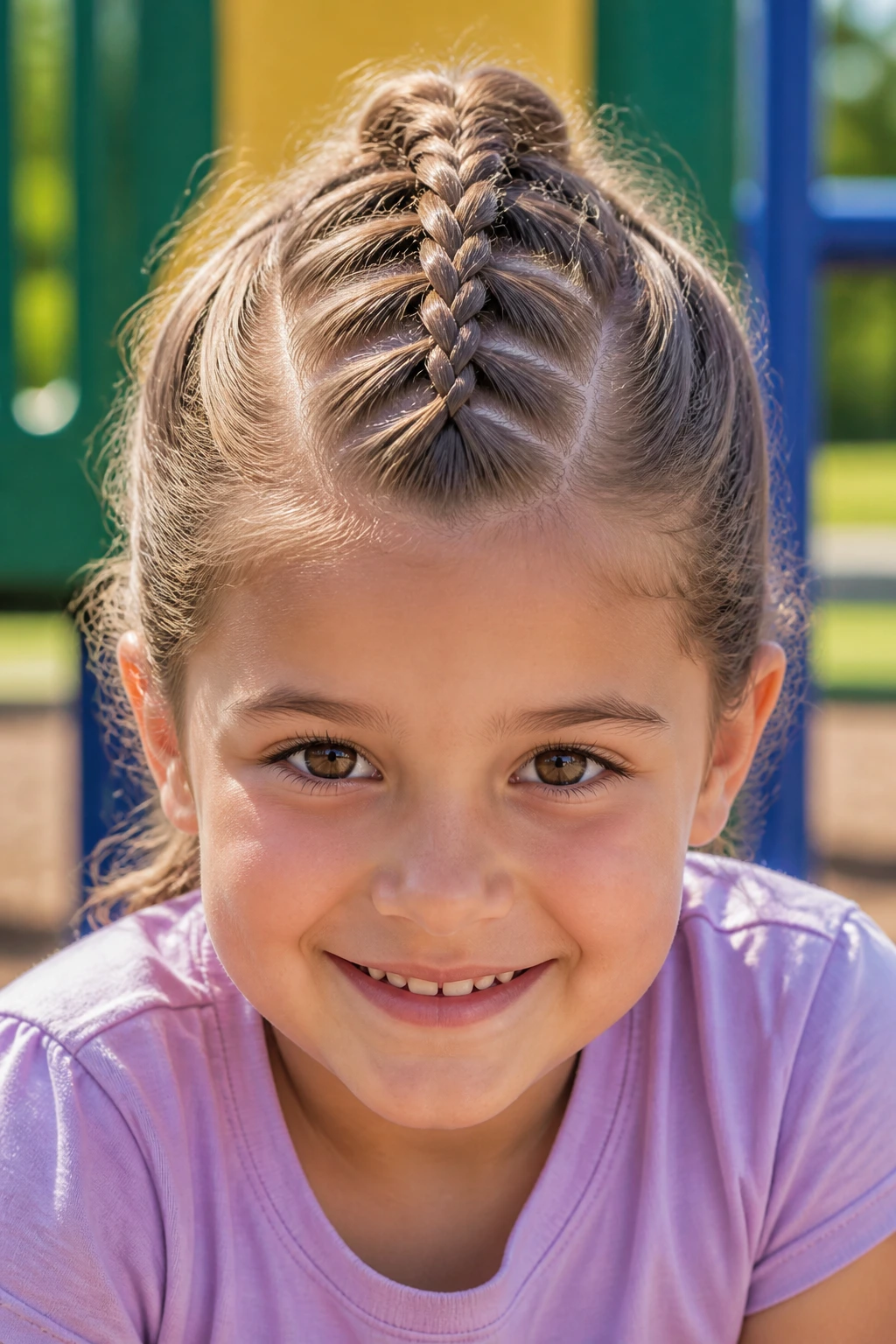 Close-up of a real child with a Mohawk-style French weave at a playground