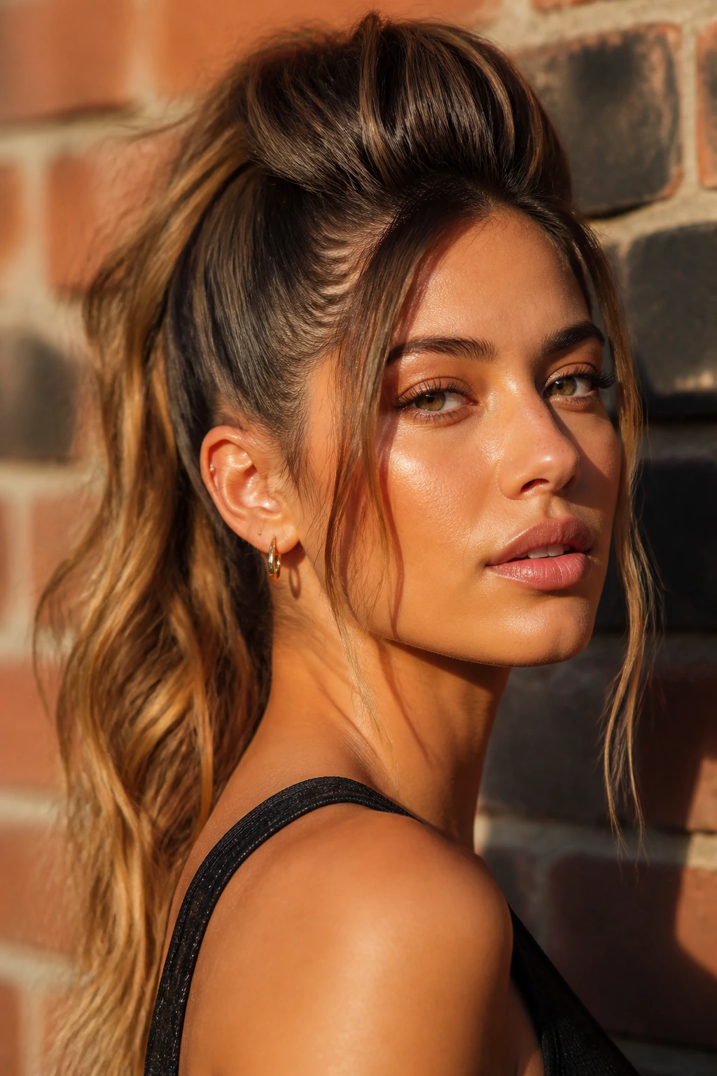 Portrait of a woman with a tall mohawk-inspired ponytail and soft sides