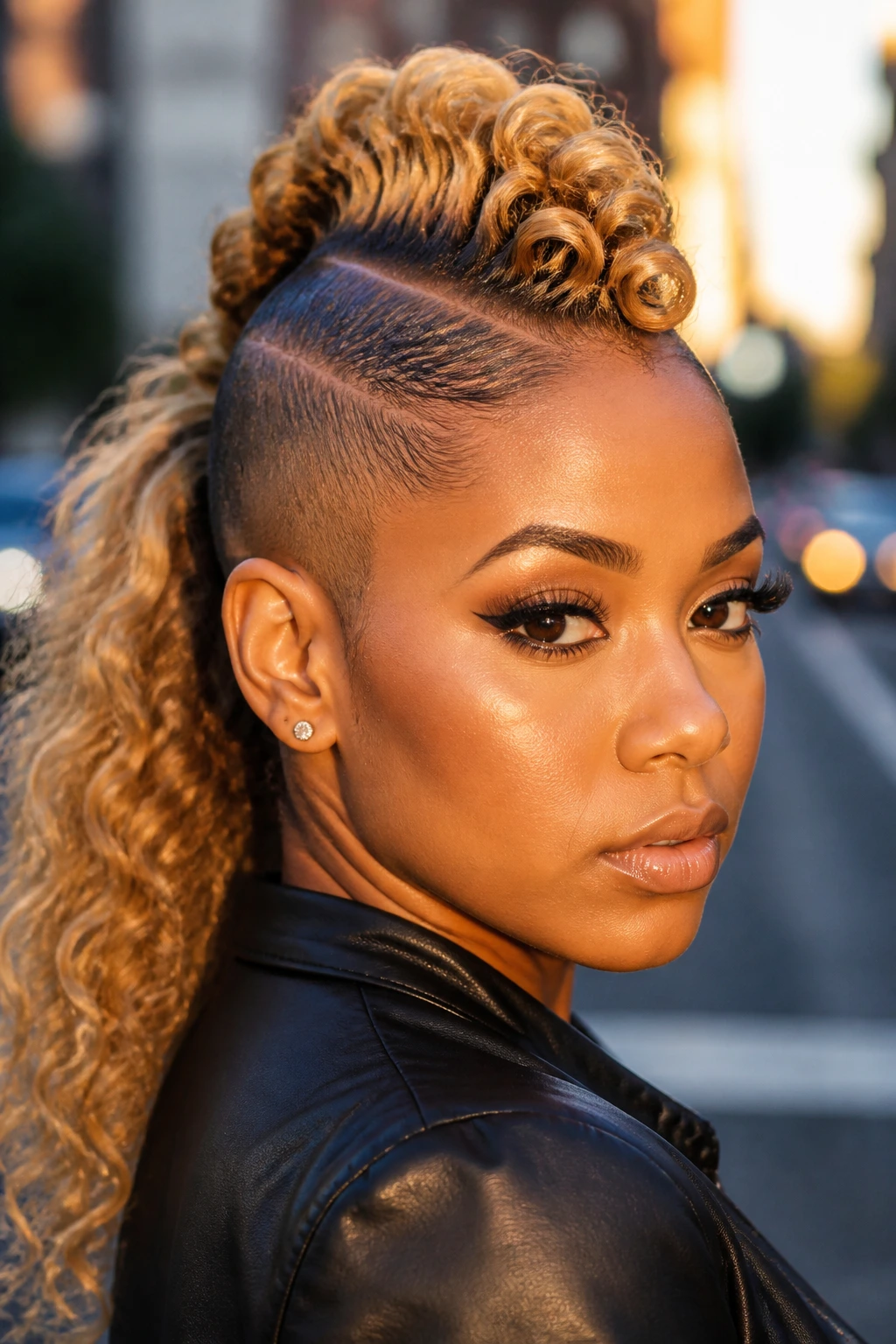 Close-up of a real woman with mohawk ponytail and sleek sides