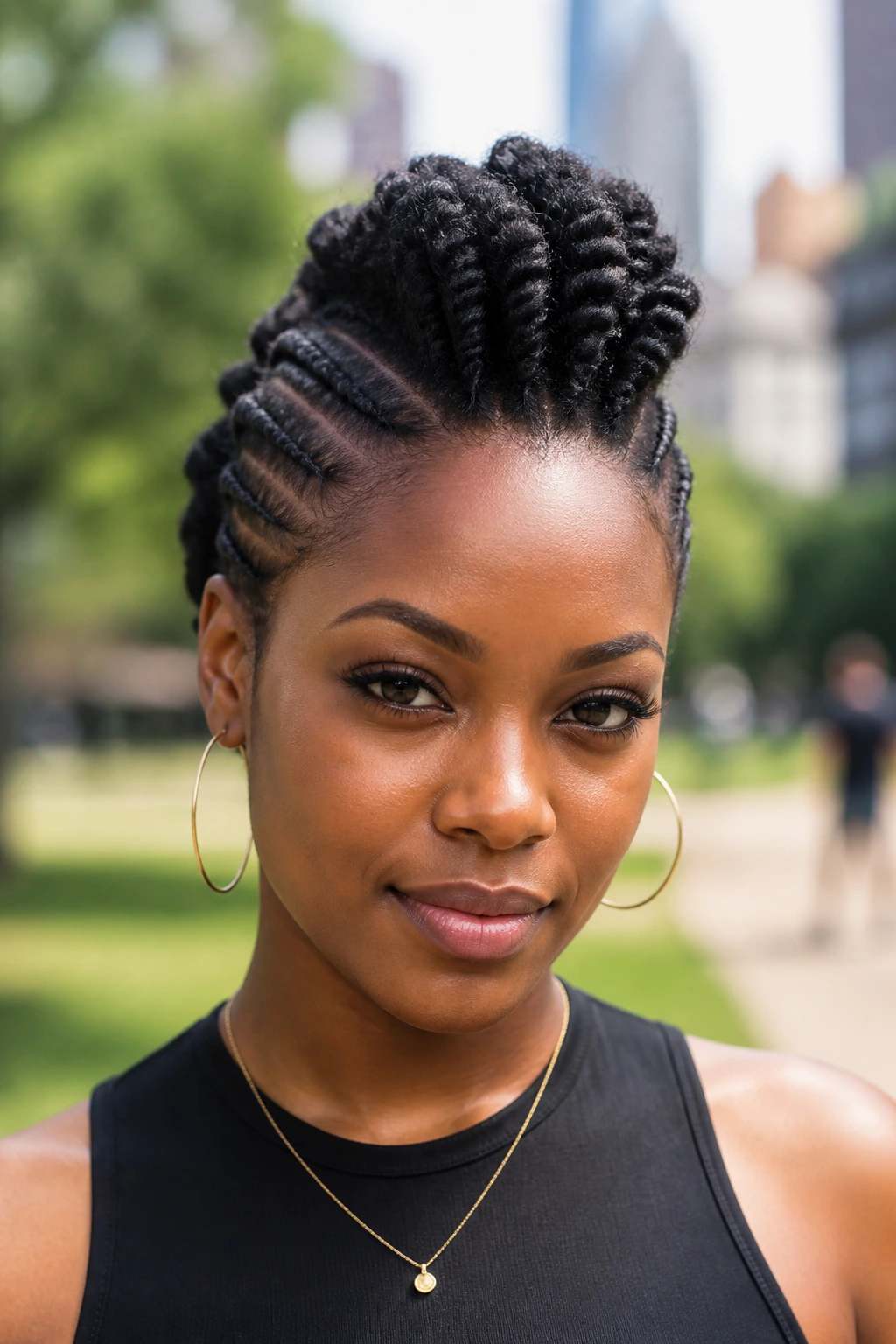 Real person with a mohawk formed by side flat twists.