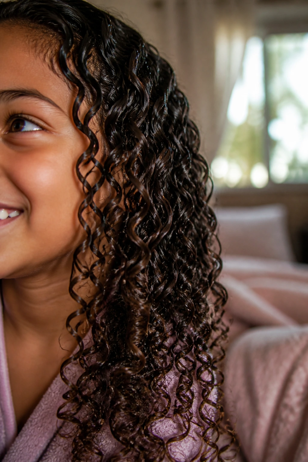 Close-up of a real girl's curly hair with hydrated, defined curls.