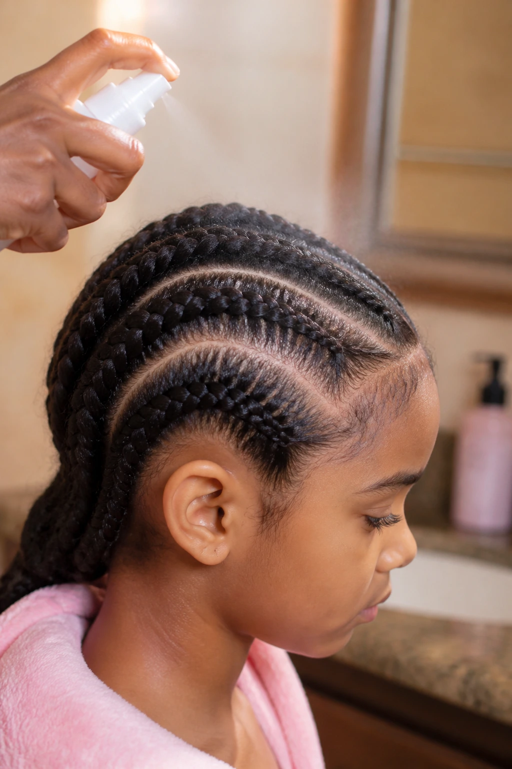 Child profile hair being misted to keep braids soft