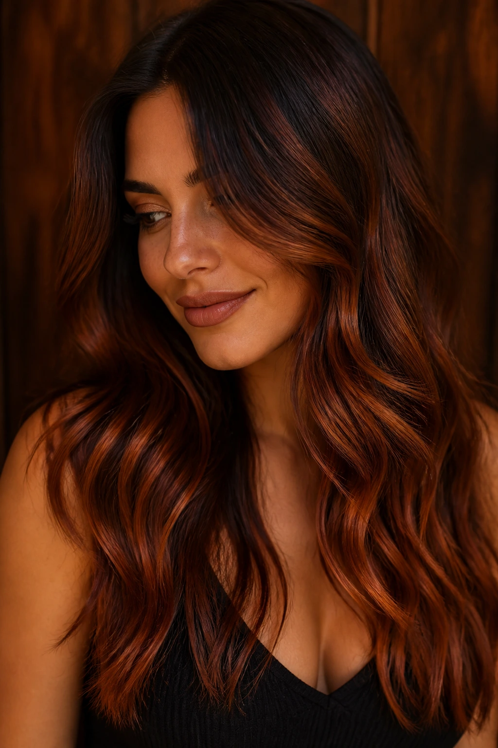 Close-up of a person with molten cocoa copper hair showing deep cocoa and copper ribbons