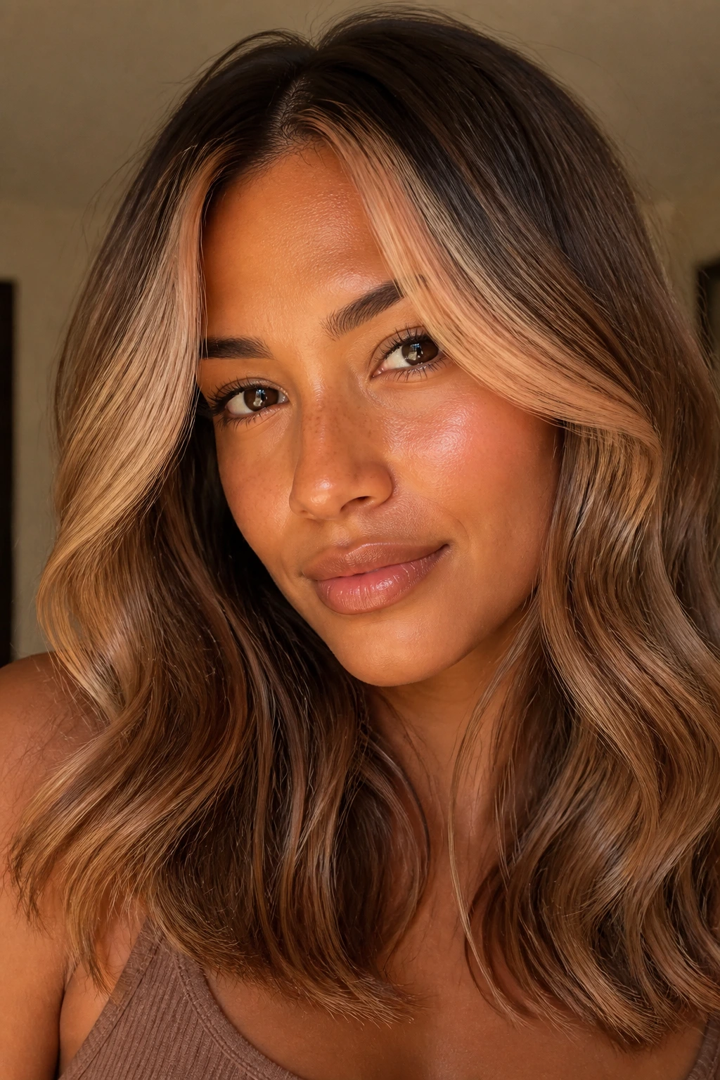 Portrait of a woman with face-framing money piece layers in strawberry blonde balayage