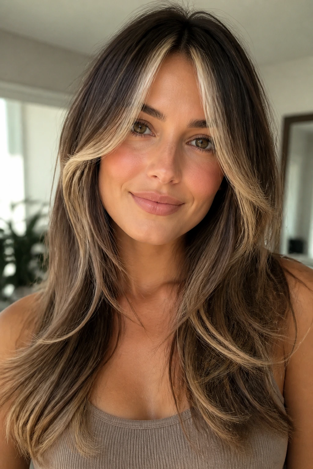 Woman with bright money-piece bangs and long face-framing layers in natural light