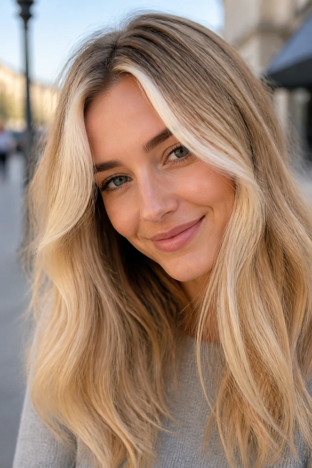 Close-up of a real woman with bright money piece blonde around the face outdoors.