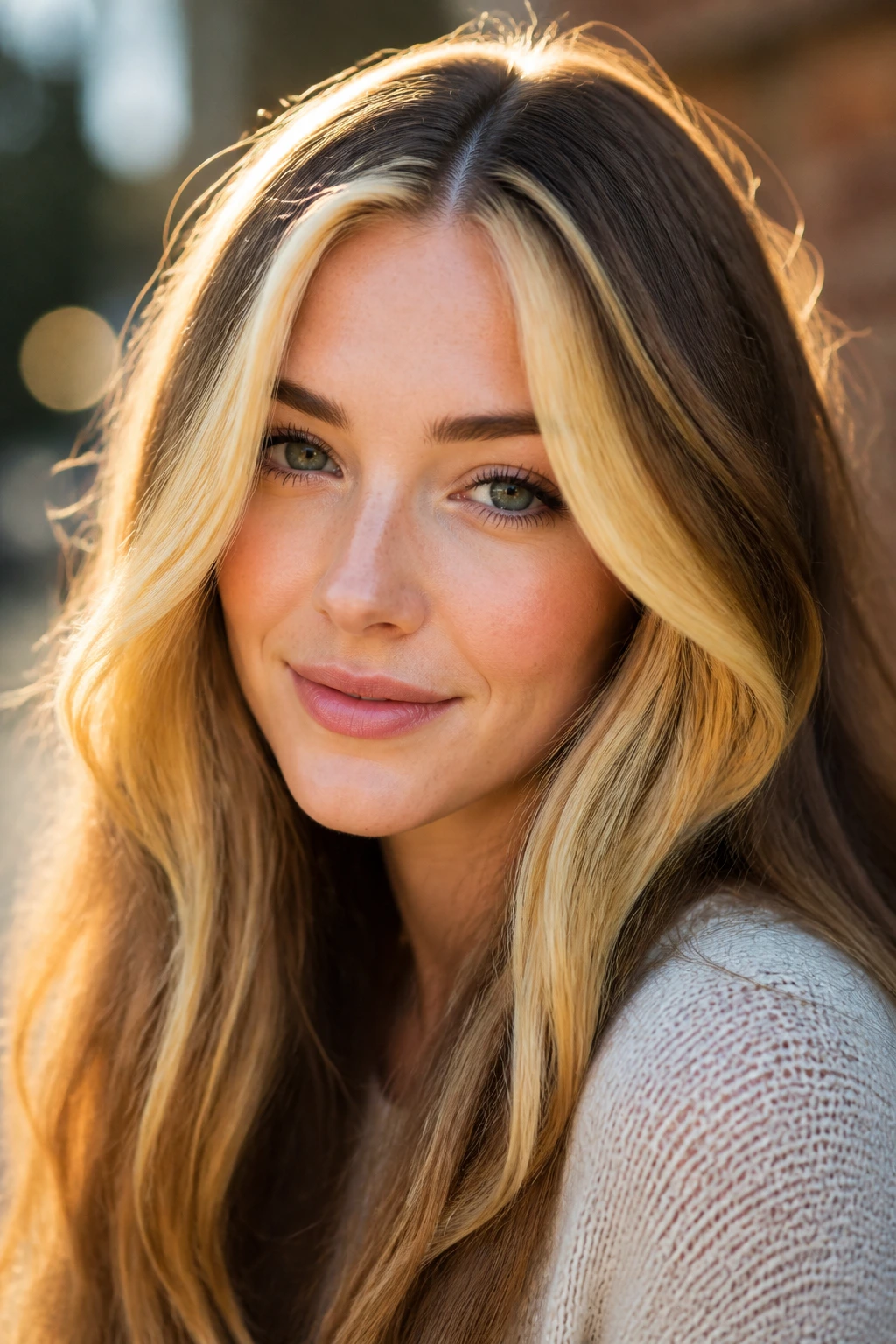 Close-up of a real woman showing yellow money-piece hair in sunlight