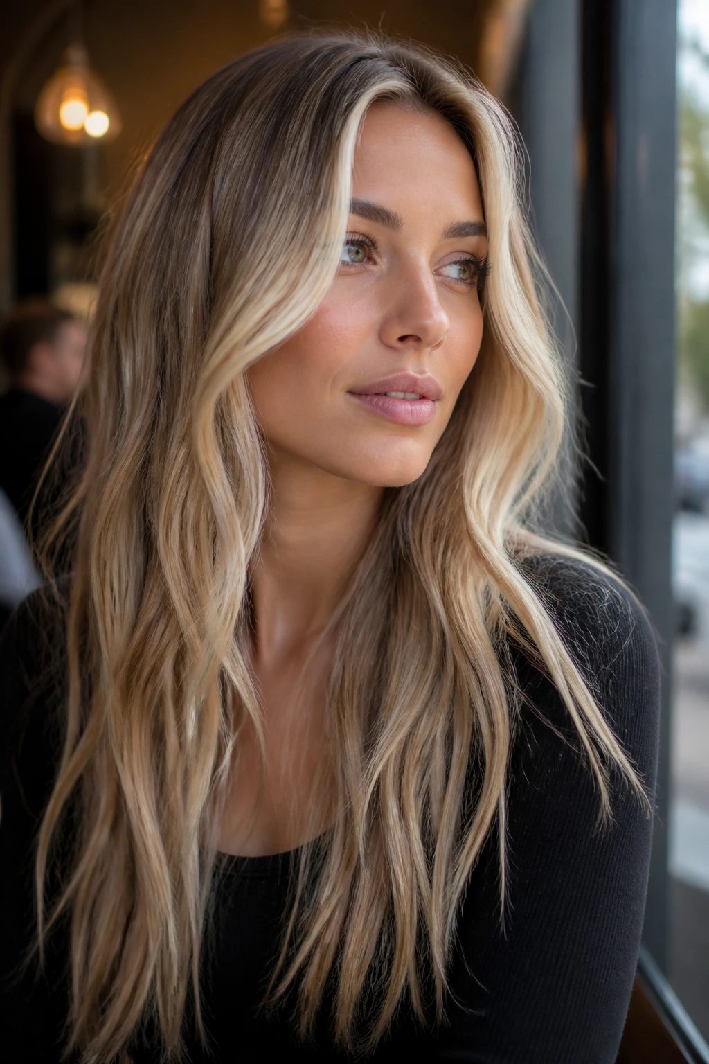 Real woman with money-piece blonde framing the face in a long hairstyle