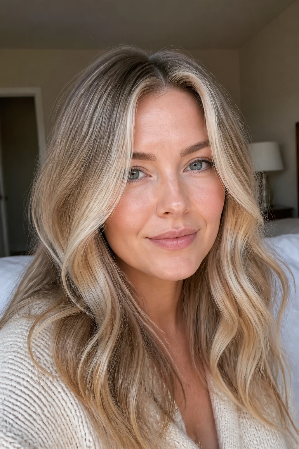 Close-up portrait of a woman with ash money-piece blonde highlights framing her face