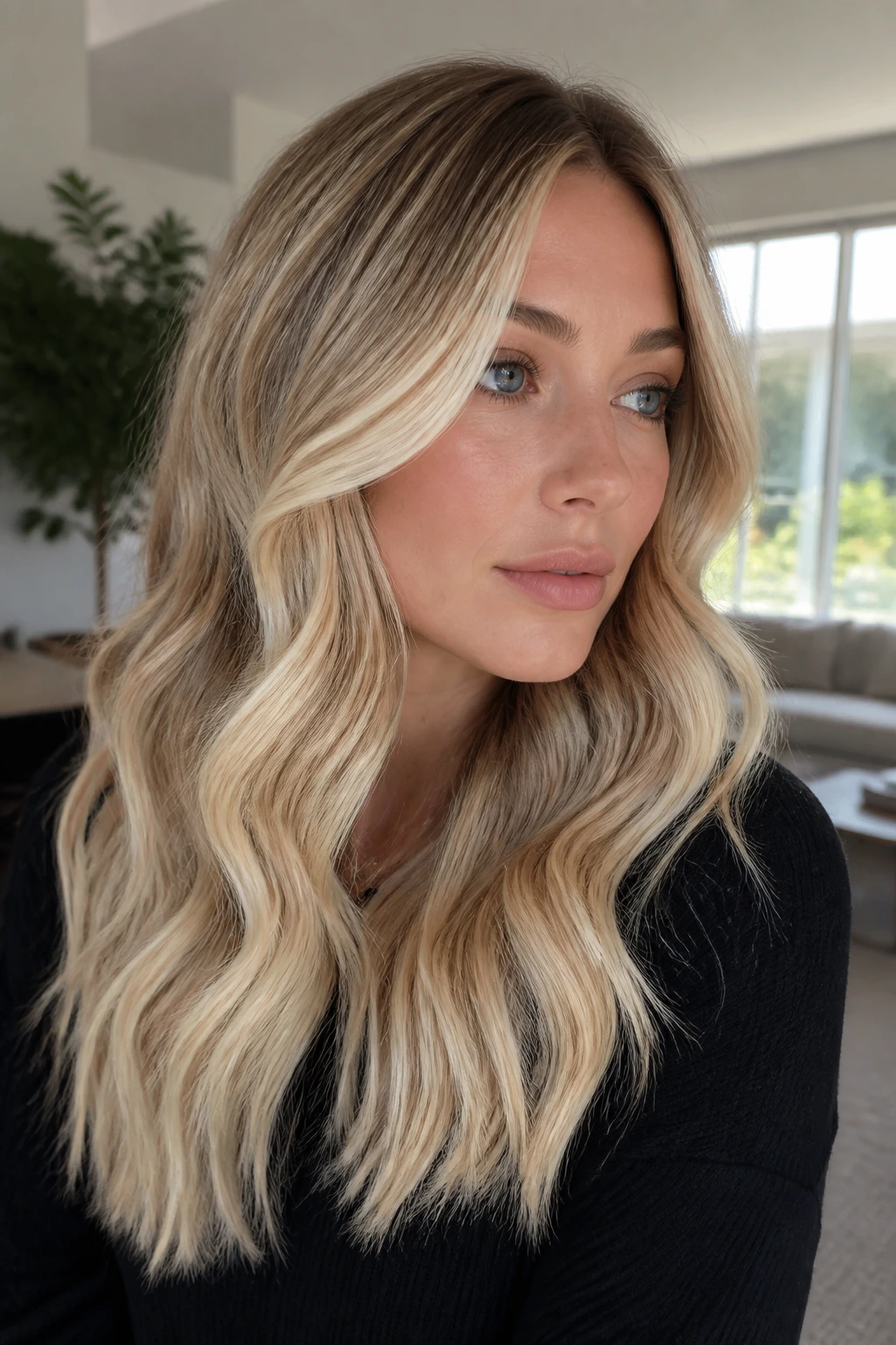 Portrait of a woman with bright money-piece blonde highlights and soft S-bends.