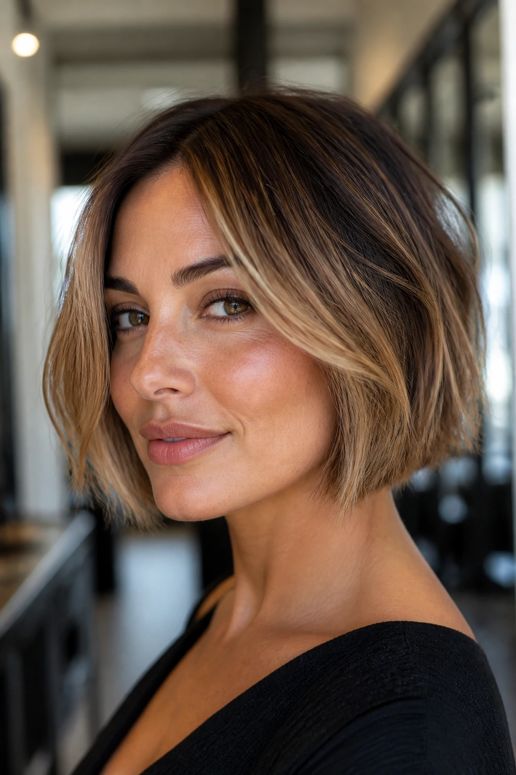 Close-up of a real woman with a money-piece caramel bob variation showing front lighter pieces