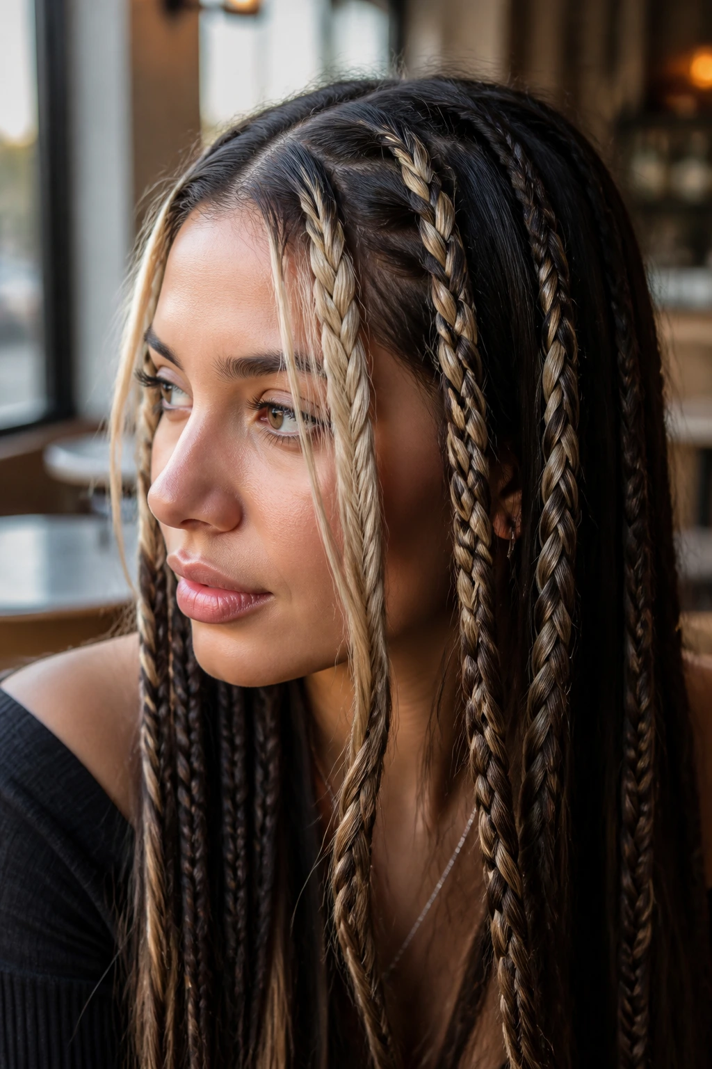 Close-up of a real woman with frosted money-piece braids on dark hair in natural cafe light