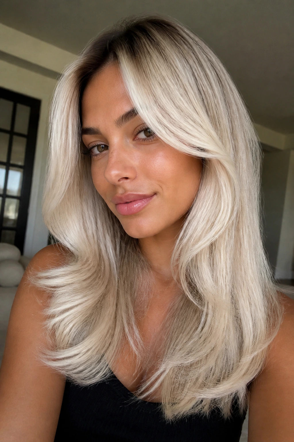 Portrait of a real woman with bright money-piece layers and soft blowout on olive skin