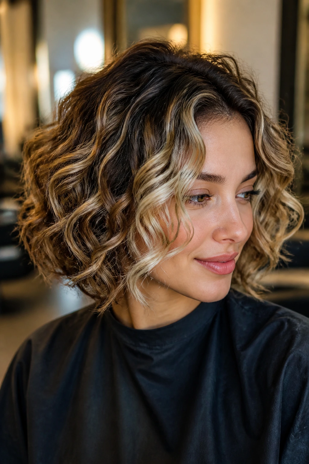 Close-up of a real woman with curly bob and bright money piece in a warm salon