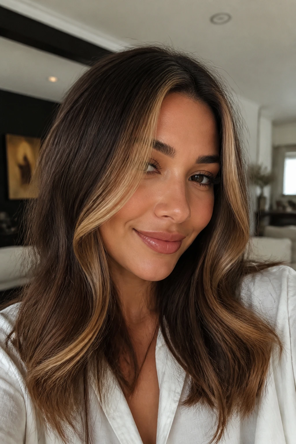 Face-framing caramel money pieces on brunette hair