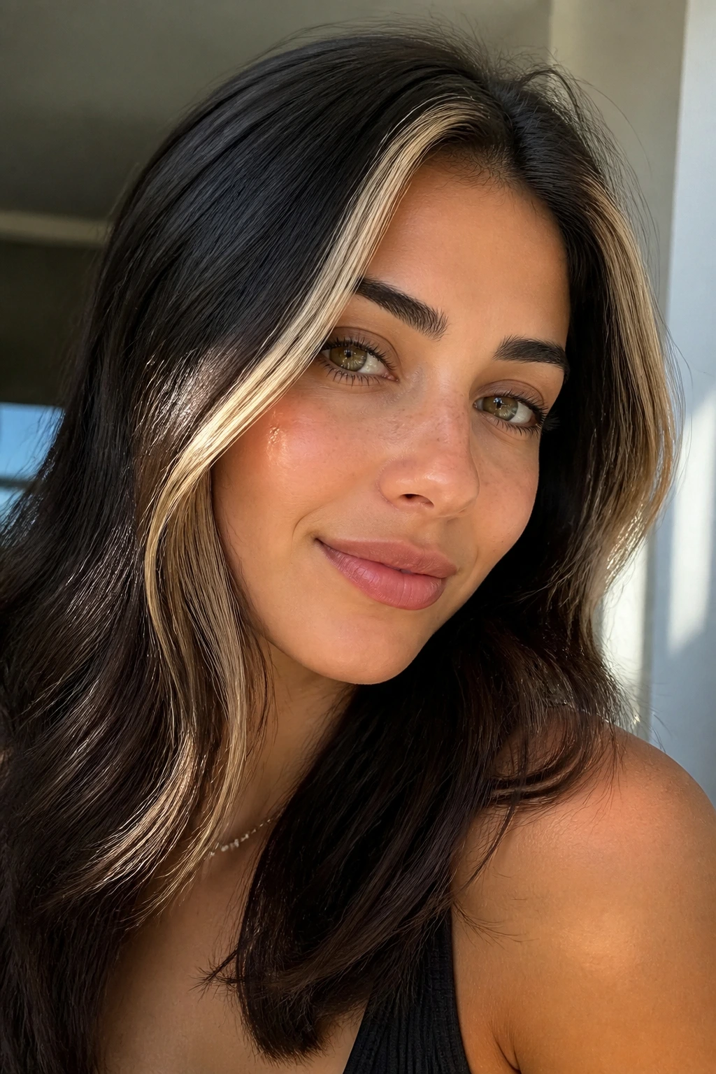 Close-up of deep brunette base with bright face-framing money piece