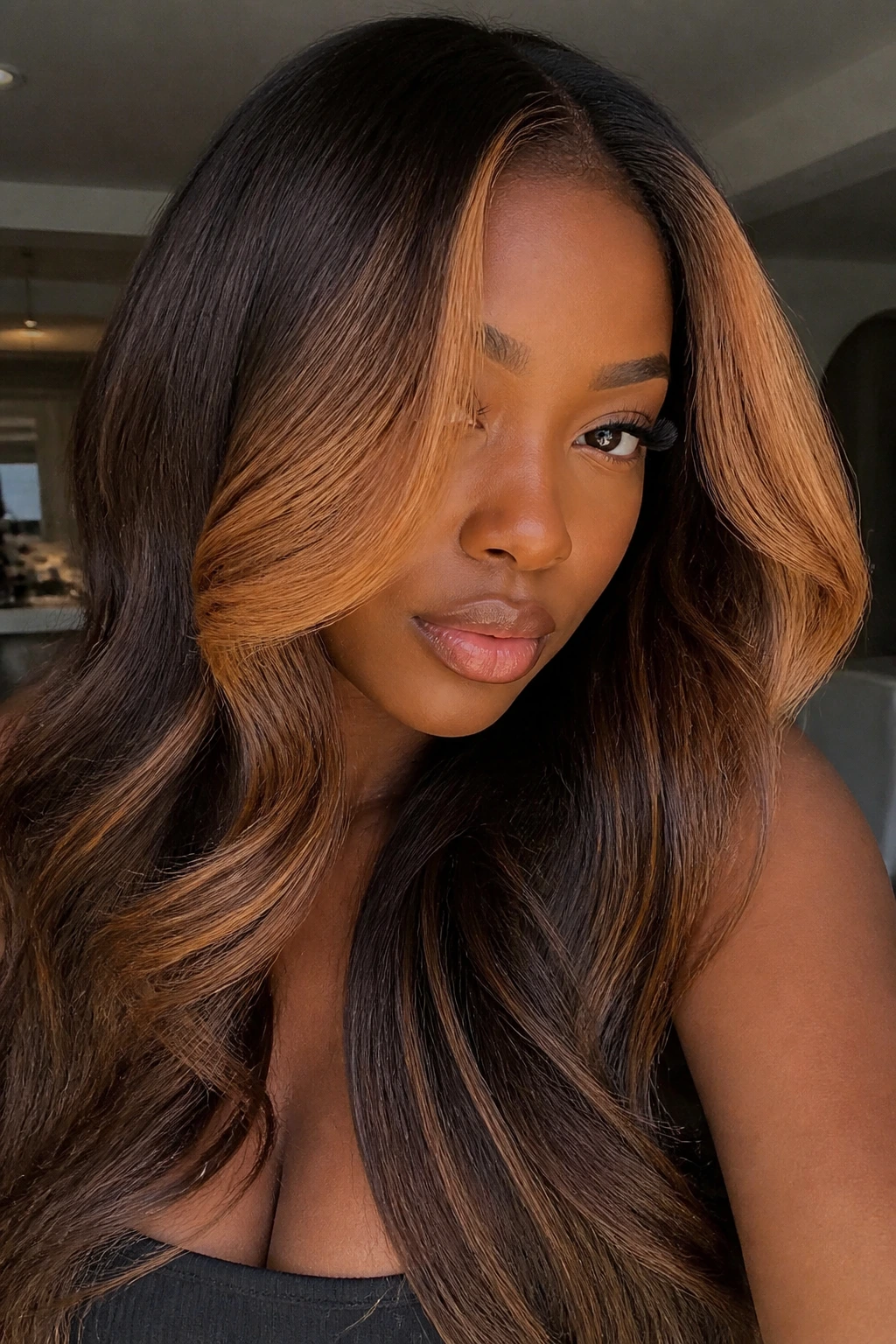 Real person with bold front caramel pieces against dark brown hair