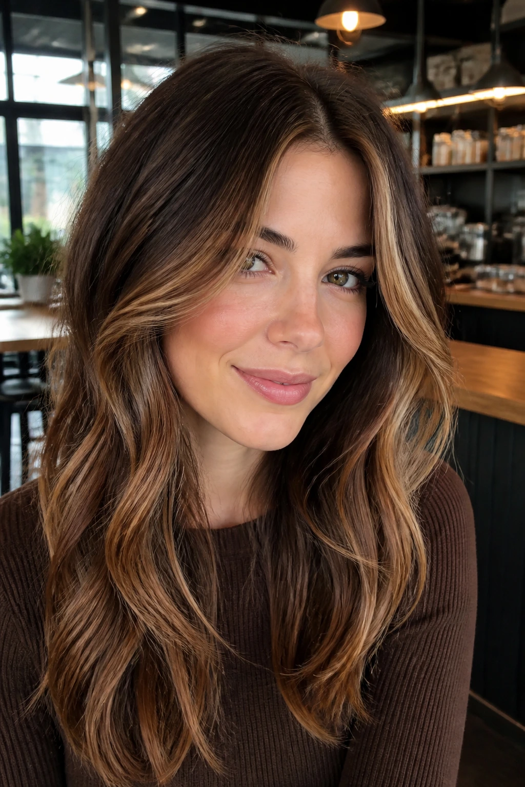 Face-framing feathered money pieces around eyes on brunette hair.