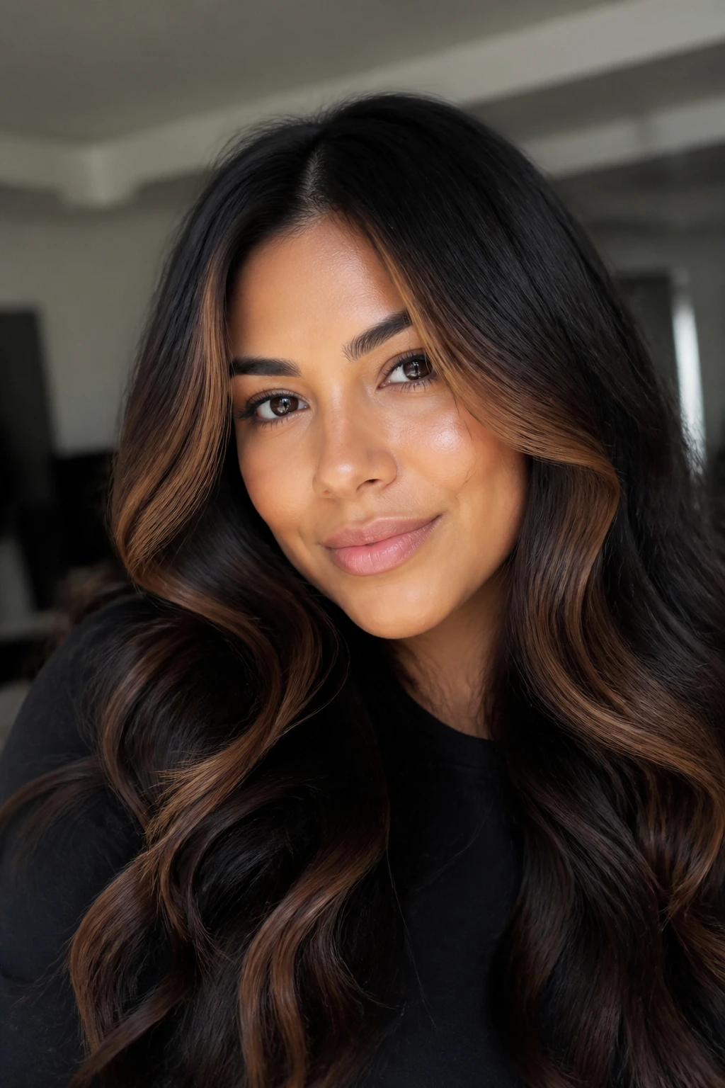 Face-framing money piece in warm caramel on thick dark hair