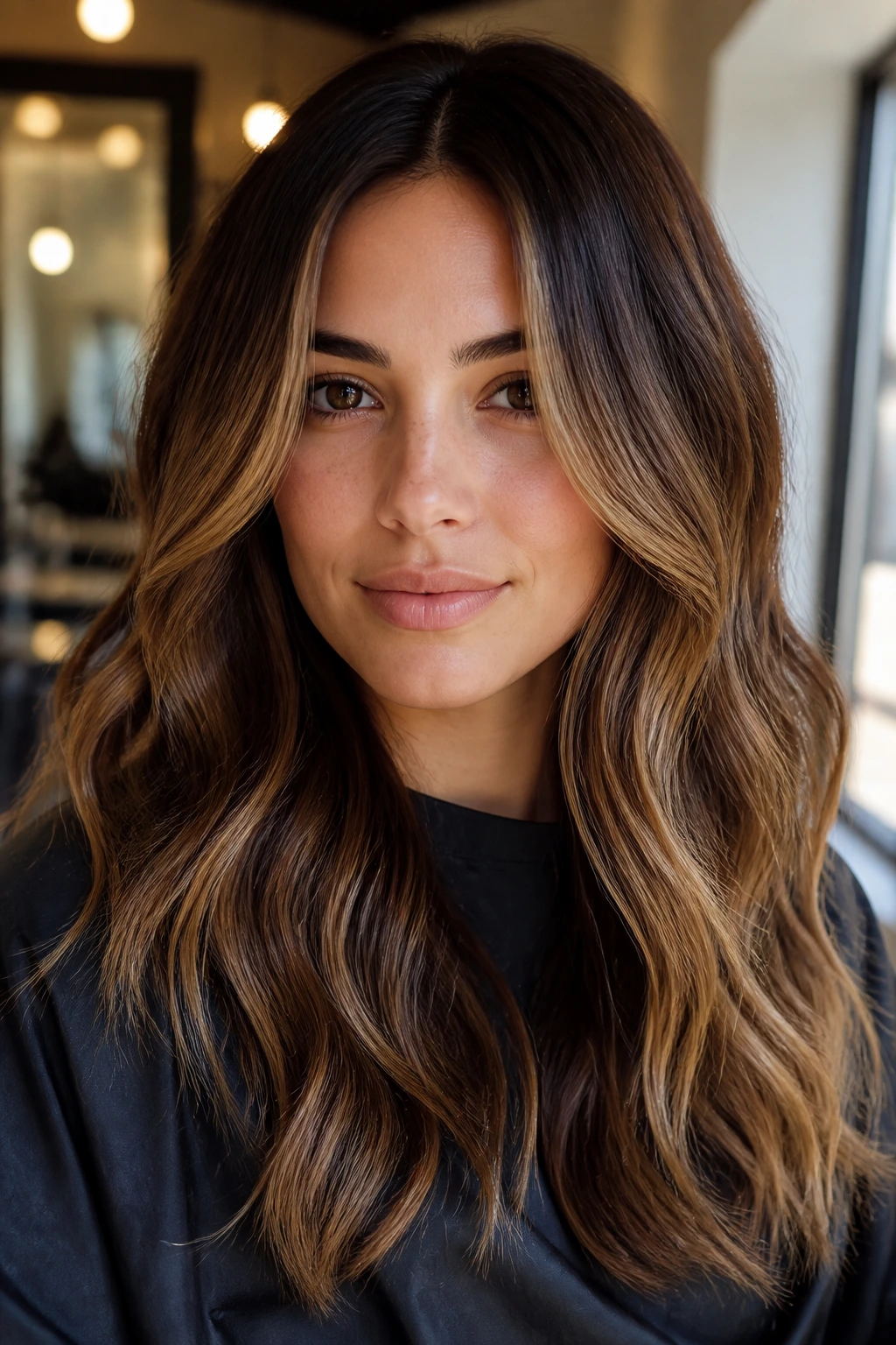 Face-framing caramel honey money piece at cheekbone on brunette