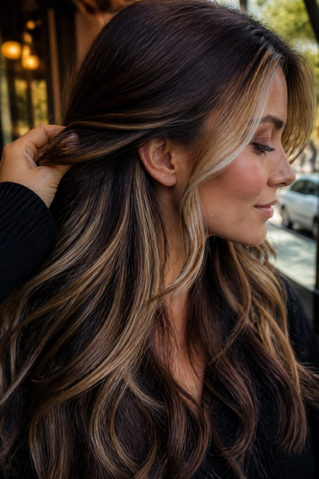 Close-up portrait of a woman with money-piece highlights and hidden caramel panels in sunlit hair