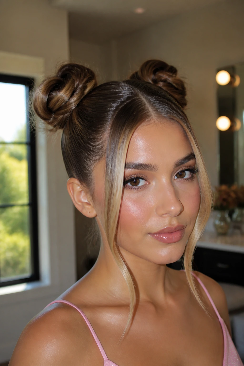 Close-up of a real woman with a center-part and double buns