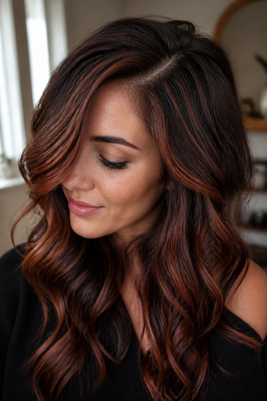 Portrait of a real woman showing copper and cinnamon ribbons in hair.