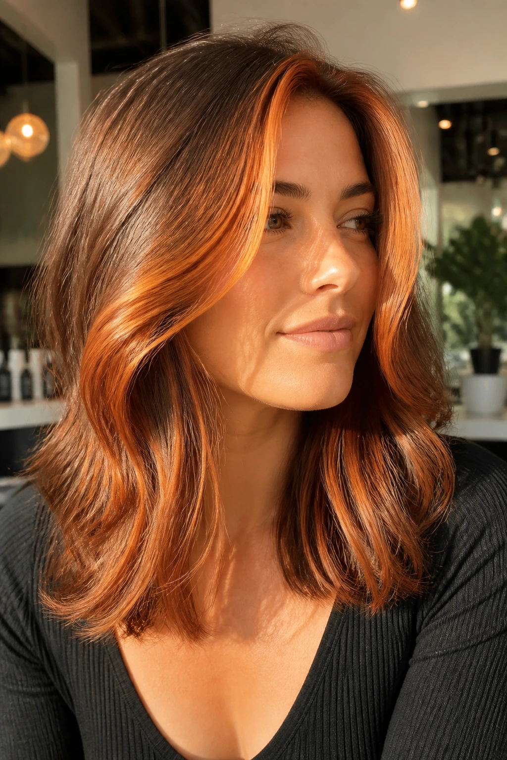 Portrait of a real woman with sunlit copper money piece in a chic salon setting.