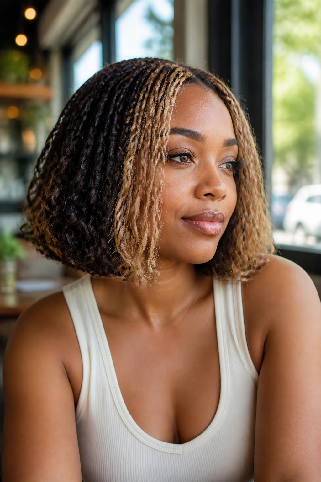 Portrait of a real woman with a face-framing money piece crochet hairstyle