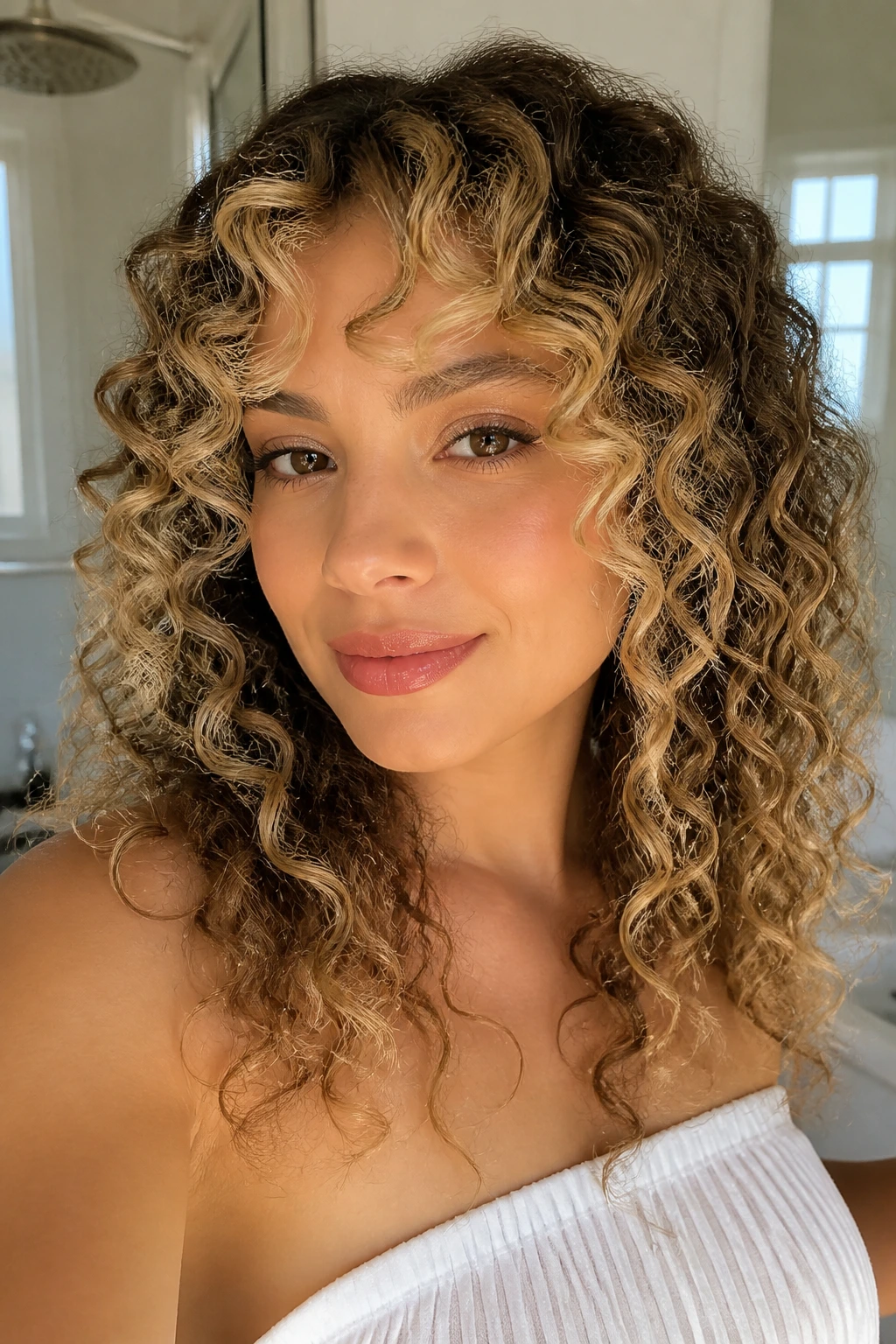 Close-up of a woman with curly bangs and bright money-piece highlights in natural light