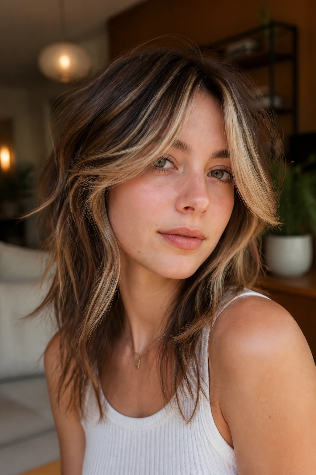 Close-up portrait of a real woman with money-piece front and soft curtain fringe
