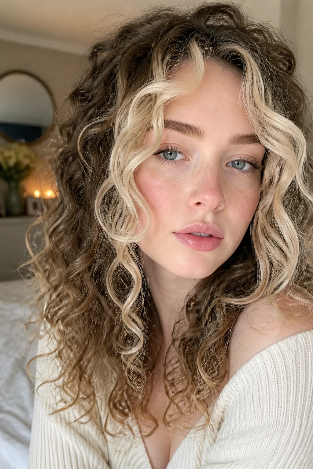 Close-up of a real woman with a creamy vanilla money piece framing pale skin