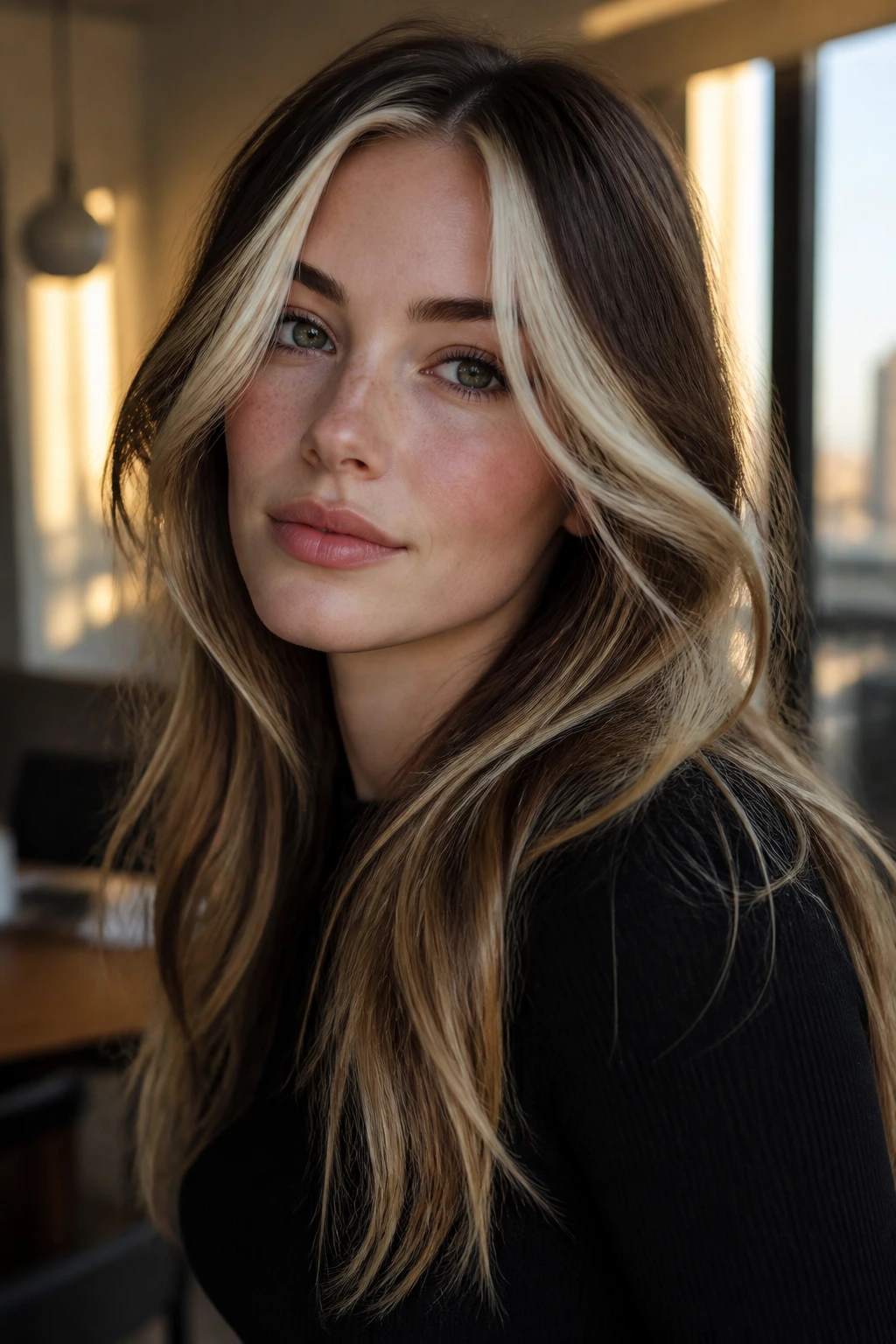 Portrait of a woman with bold money-piece face frame
