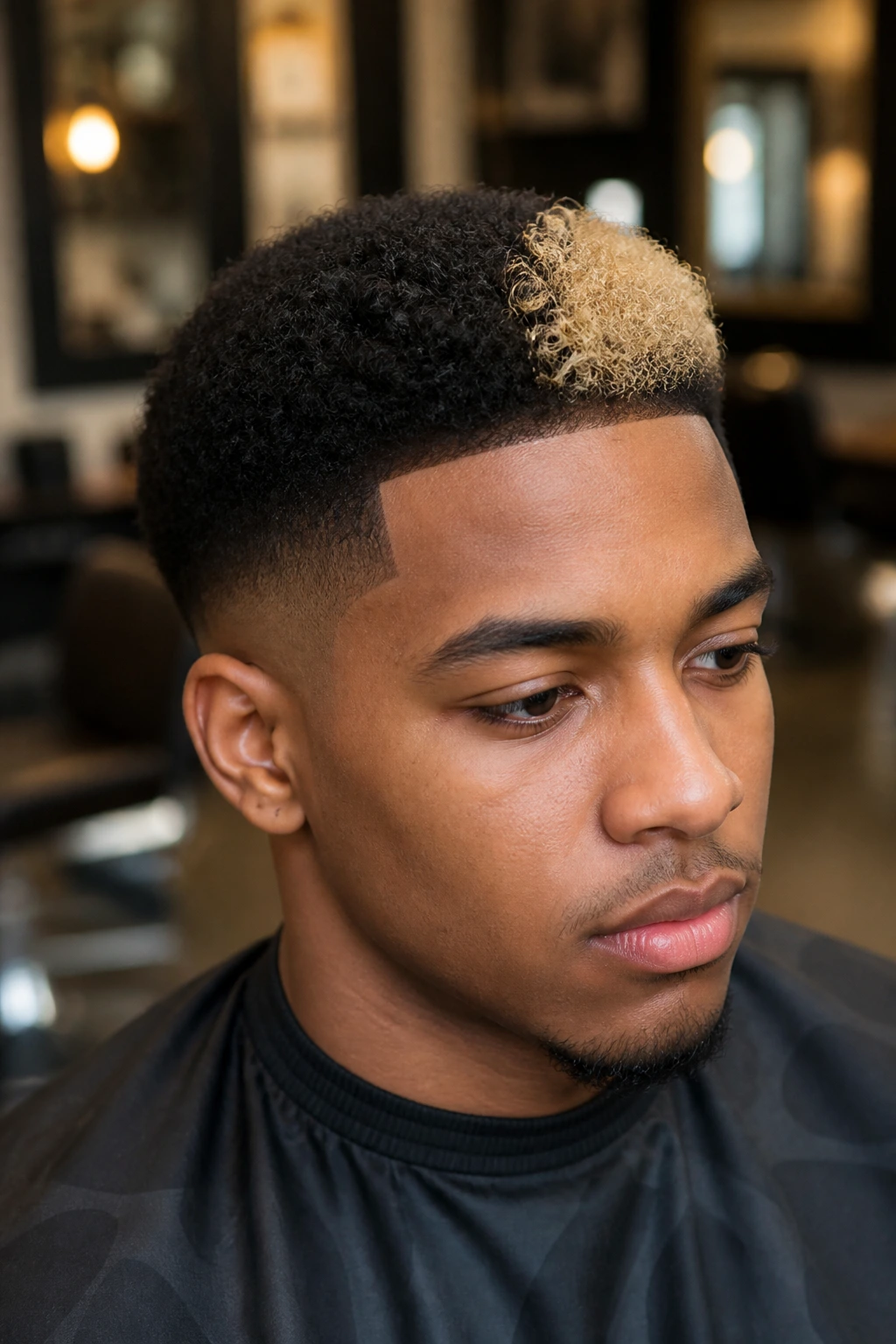 Close-up of a short black hairstyle with a blond money piece front highlight