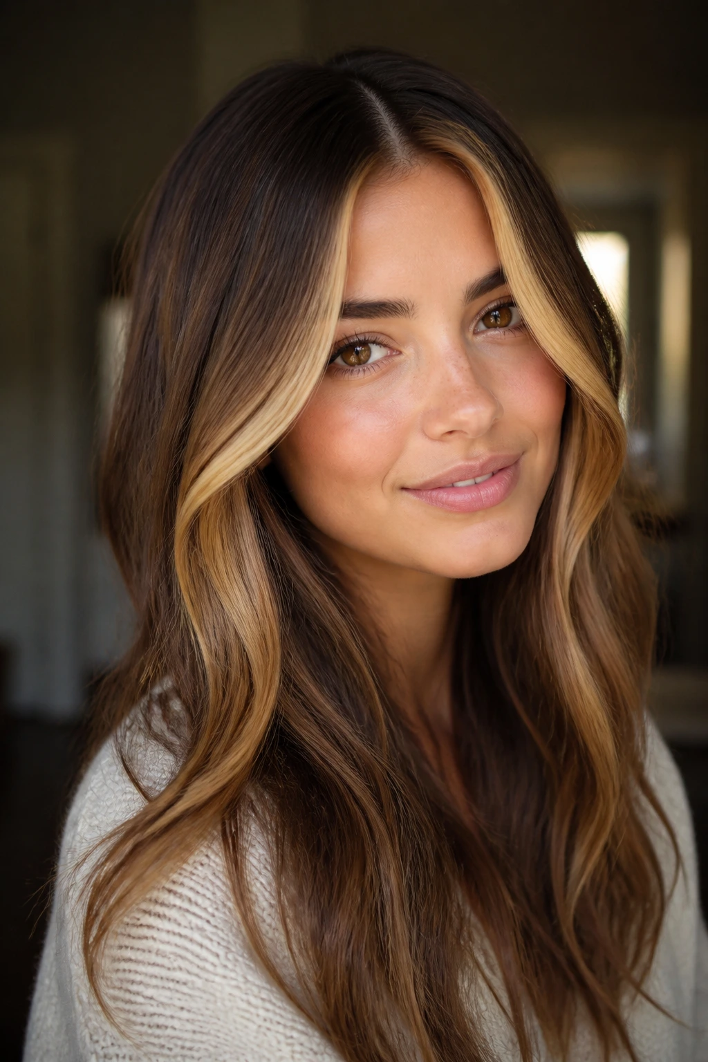 Brunette with bright gold money piece framing the face