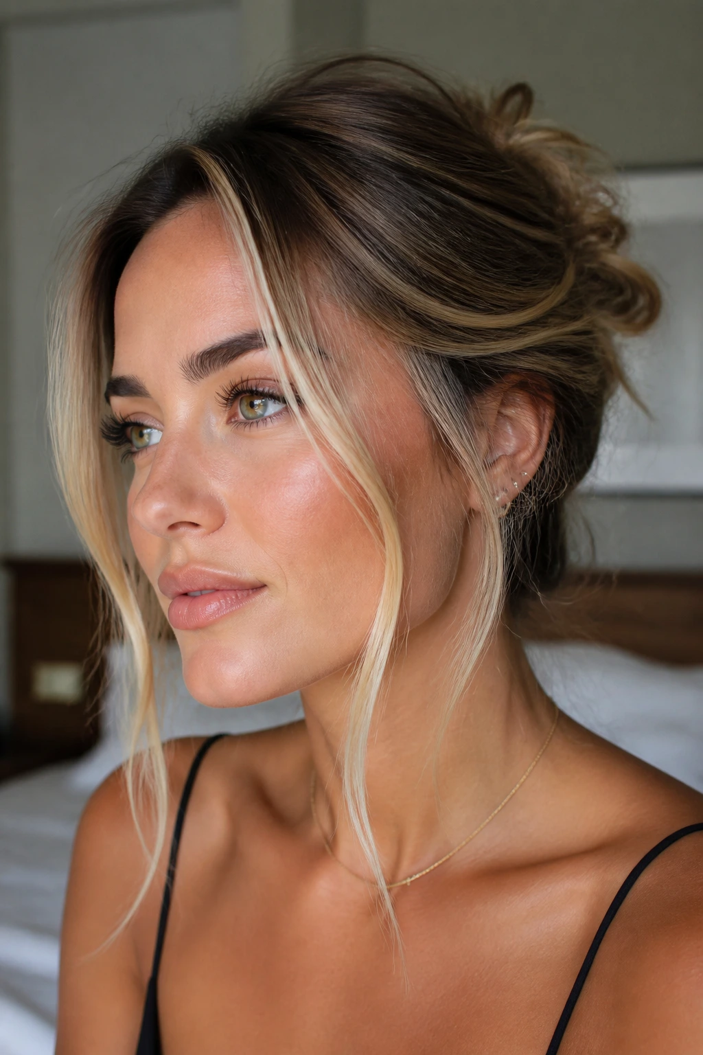Close-up portrait of a real woman with bright money-piece highlights framing her face.
