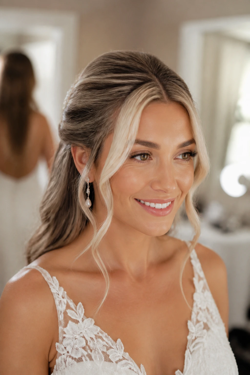 Bride with money piece highlights framing face in half-up style