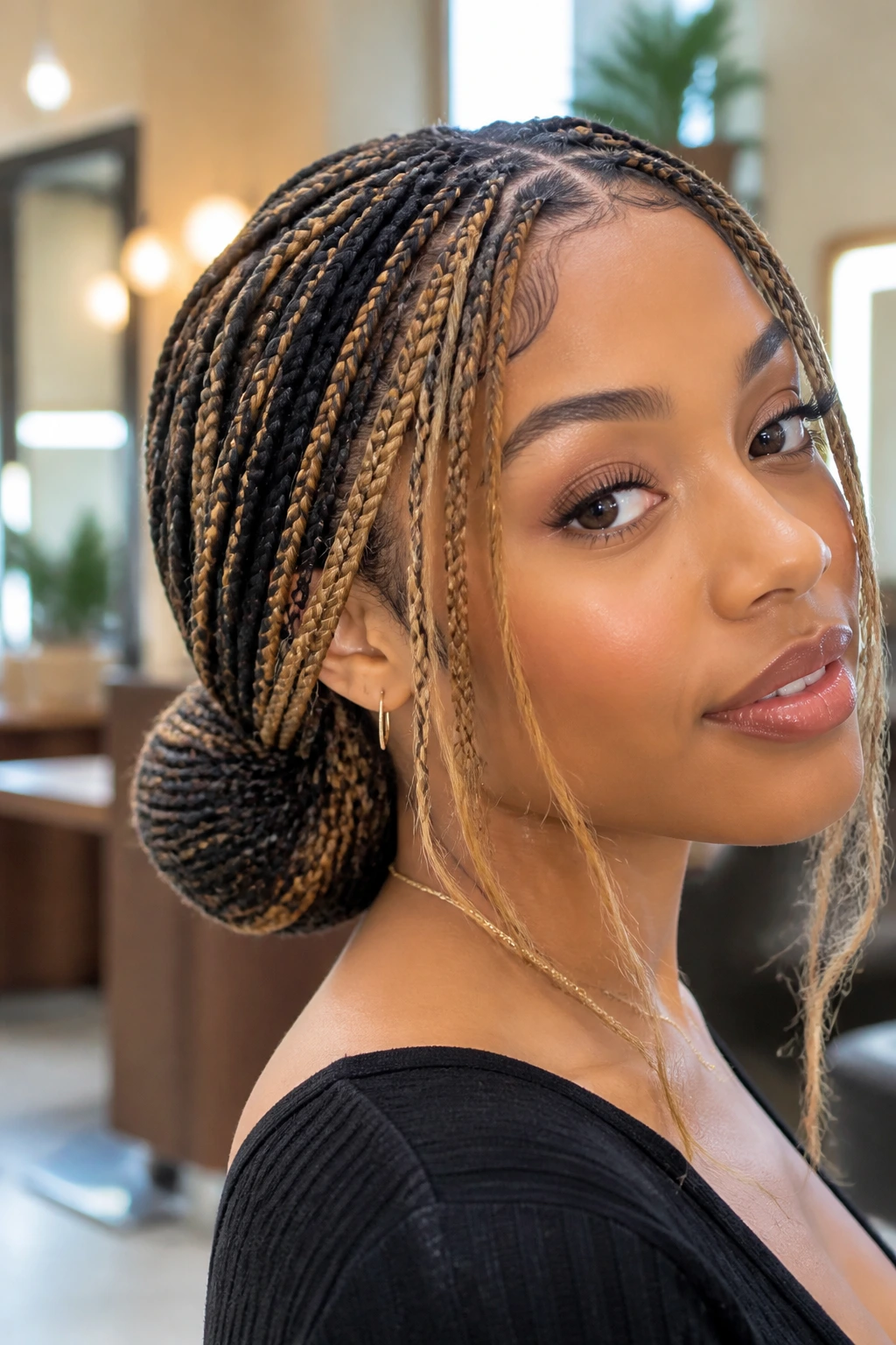 Close-up of a real woman with money-piece highlights in a low bun