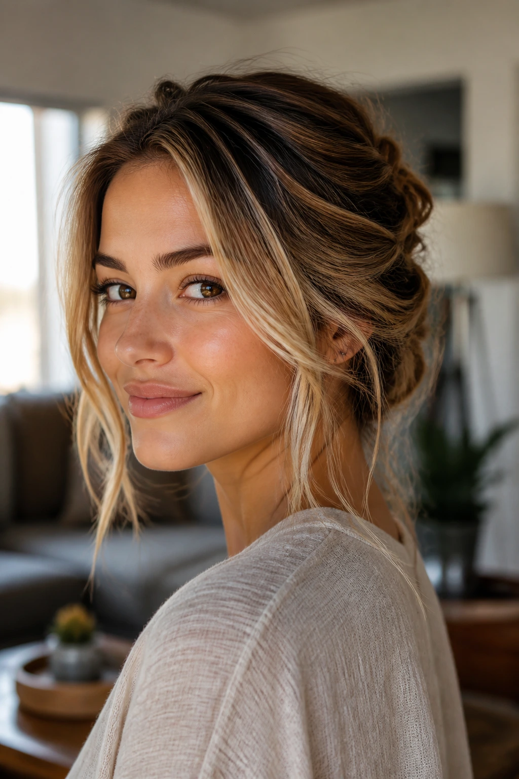 Close-up of a real woman with money piece highlights in a loose knot and soft braid