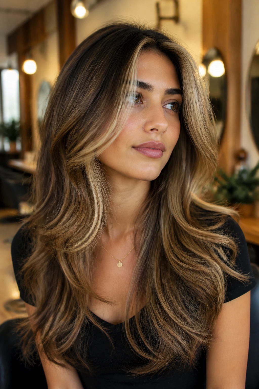 Close-up of a real woman with bright money-piece layers framing the face in a salon
