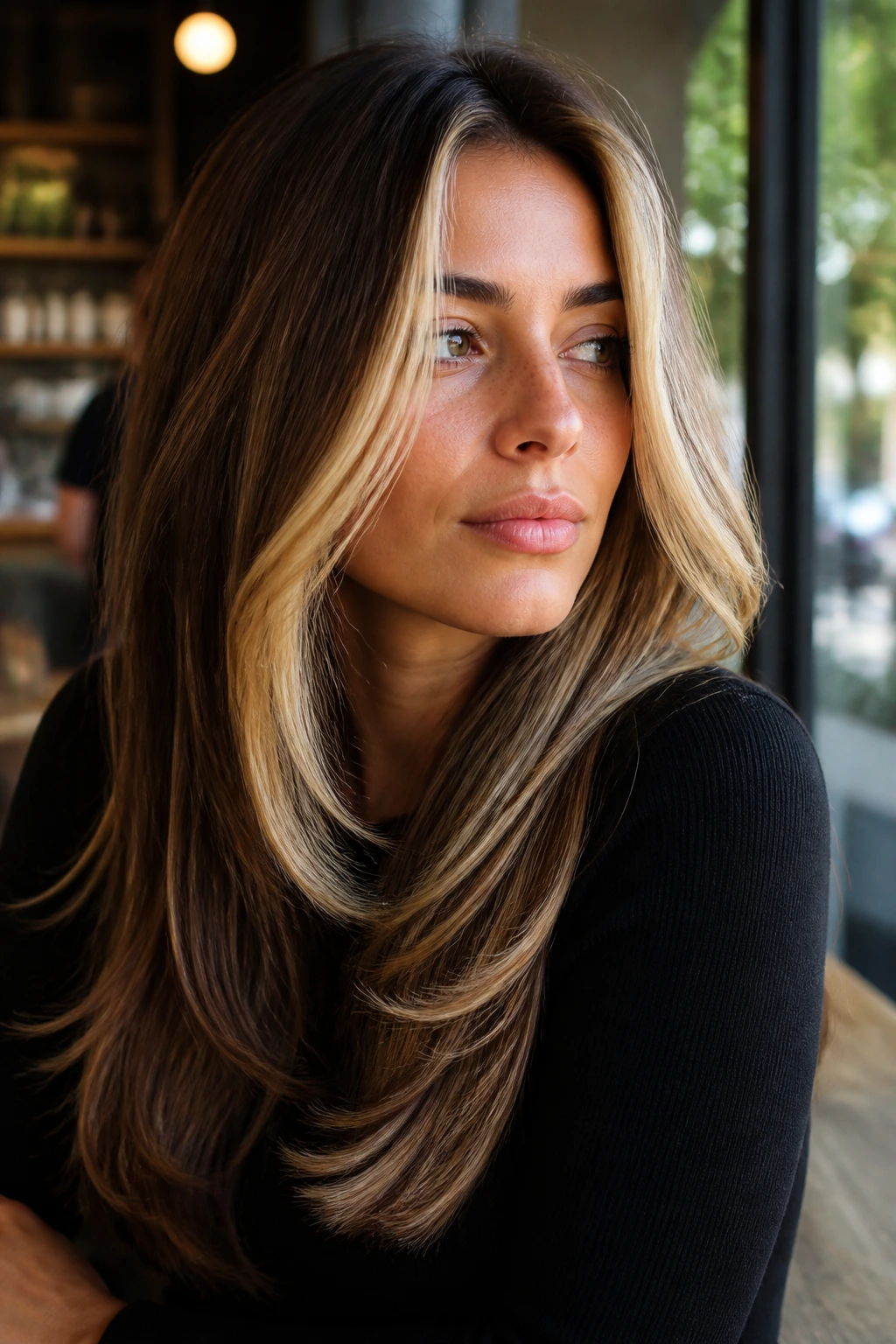 Portrait of a real woman with bright front money-piece layers framing her face