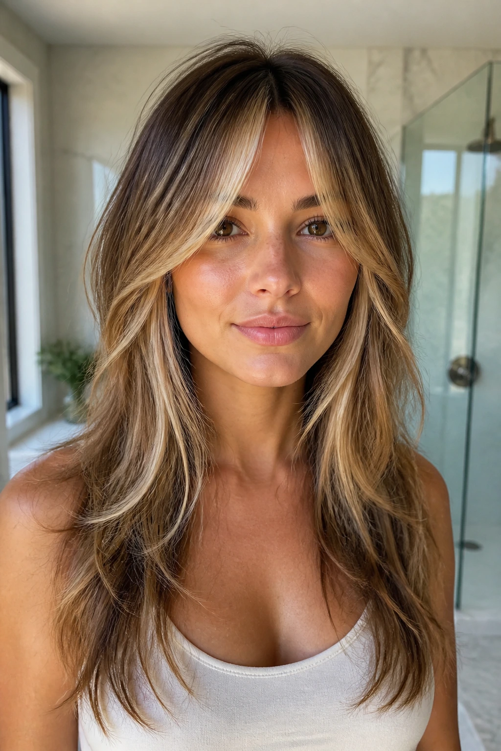 Close-up of a woman with lighter front pieces and long bangs framing her face in natural light