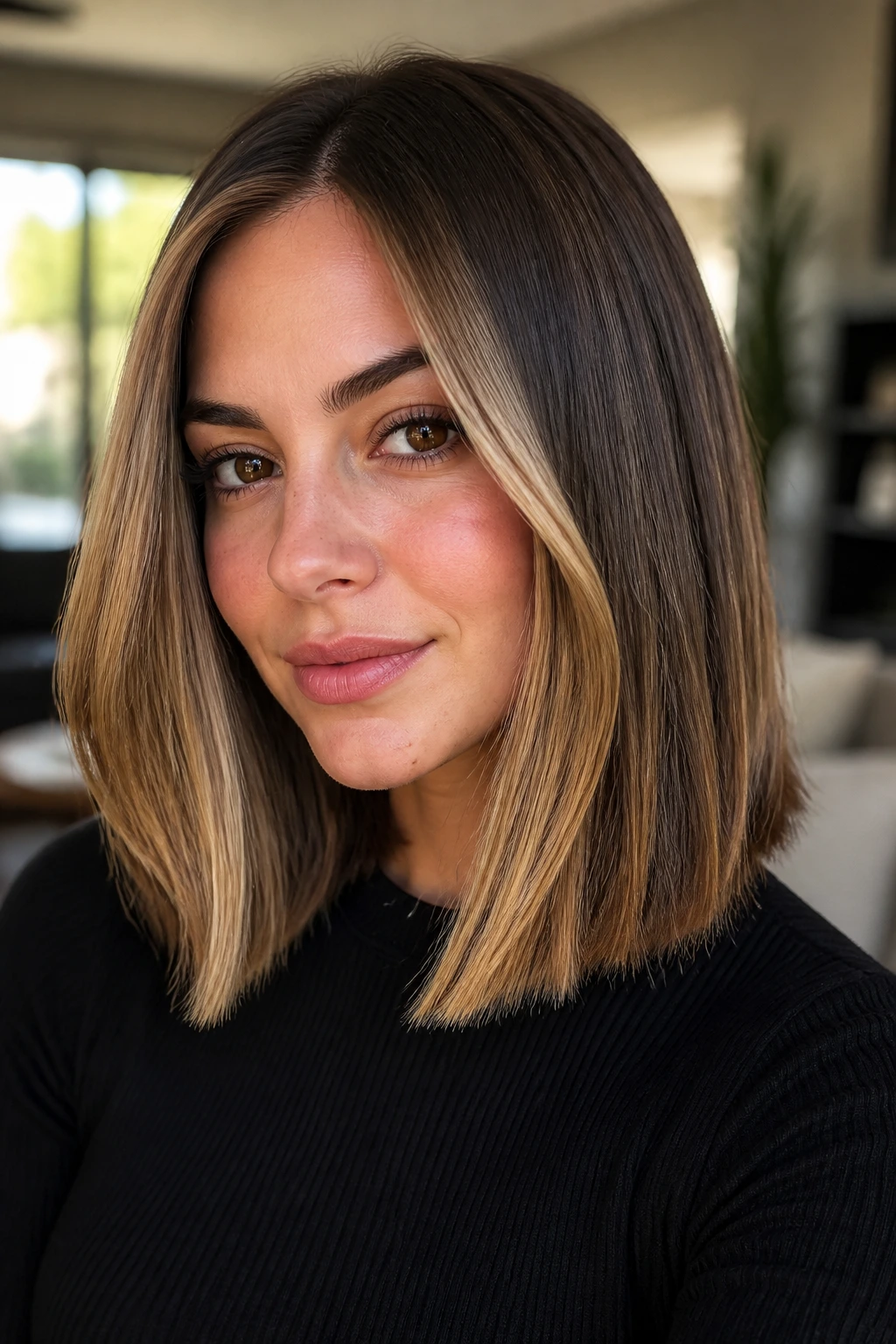 Close-up of a real woman with money-piece lob and face-framing highlights in warm window light